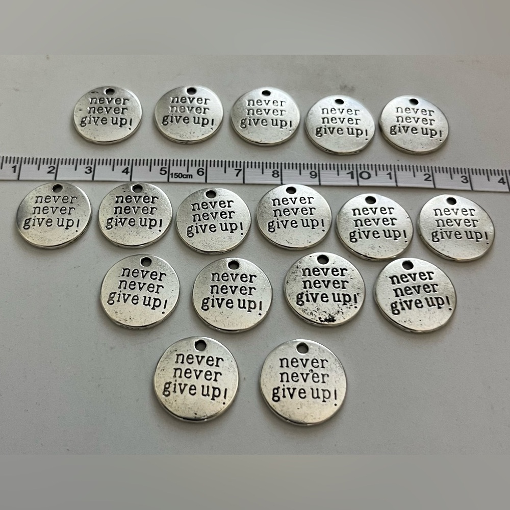 “Never Never Give Up” Silver-Look Inspirational Charms